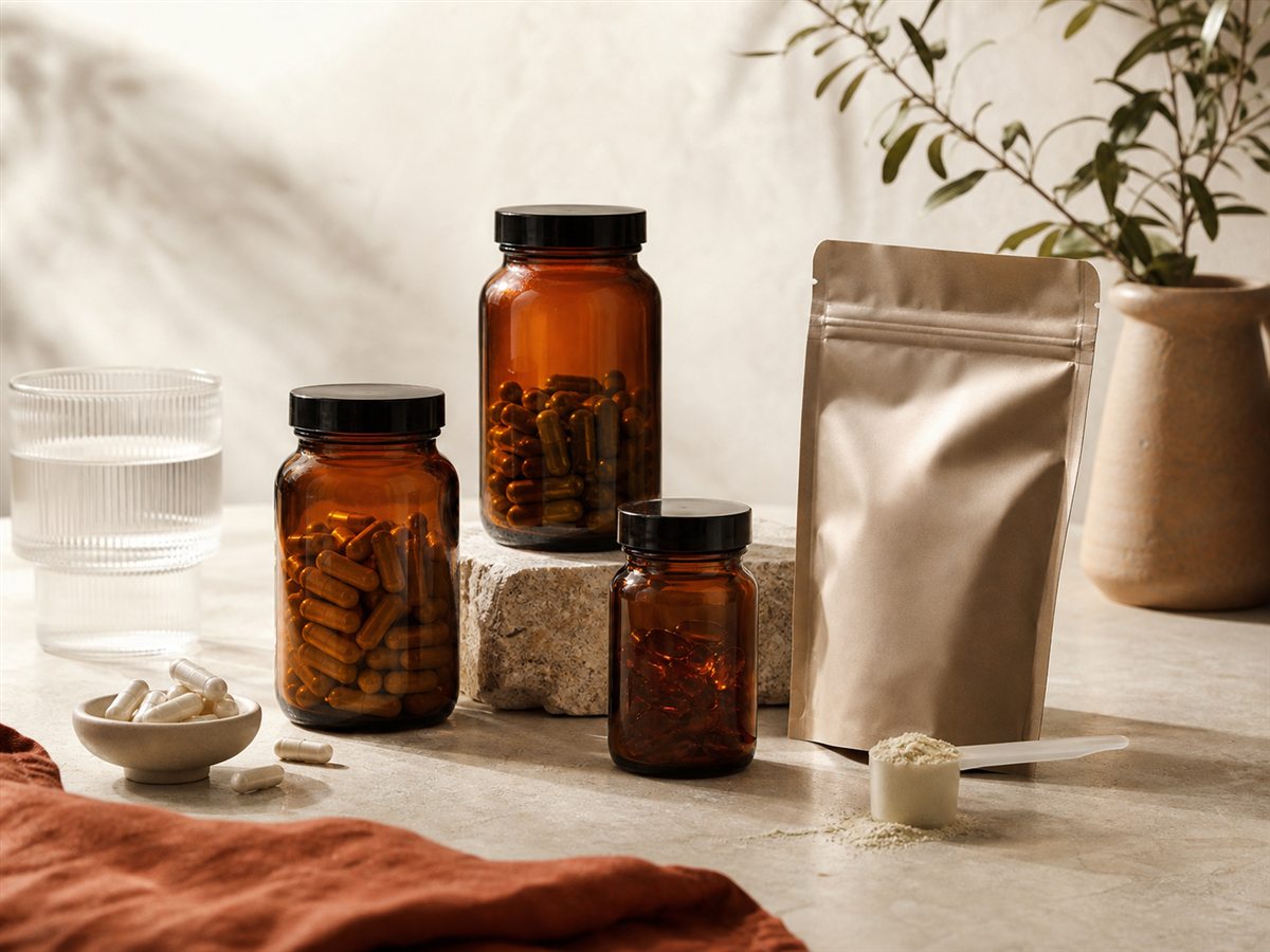 Amber supplement jars filled with capsules, a kraft powder pouch and a dosing scoop on a stone surface