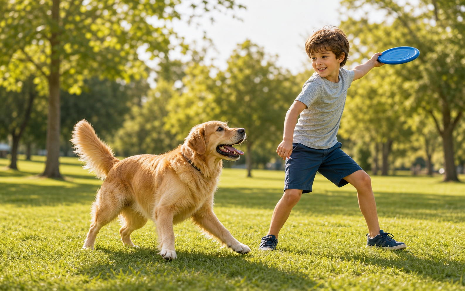 Golden retriever eagerly waiting for a child to throw a frisbee in a sunny park