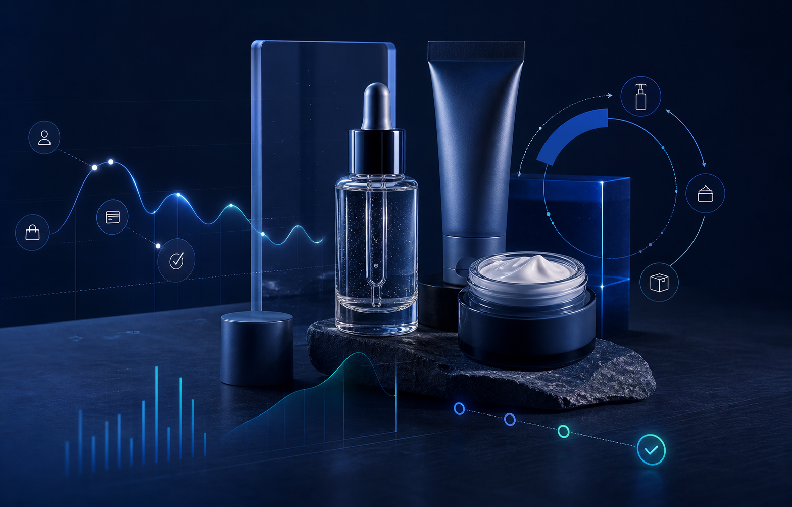 Skincare products arranged with diagnostic ecommerce interface overlays